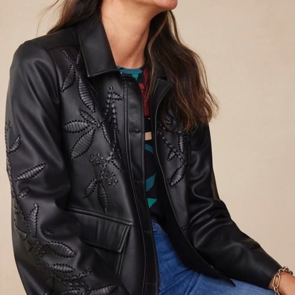 Chico's Cutwork Faux Leather Floral Embroidered Collared Jacket Black Size 8